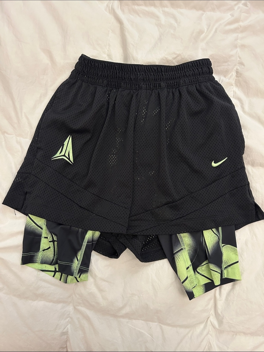 Nike Mens Compression Black Athletic Layered Shorts with Neon Green Accents